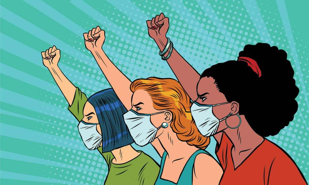 Illustration of three people - an African, Asian and Caucasian - protesting against the coronavirus epidemic.