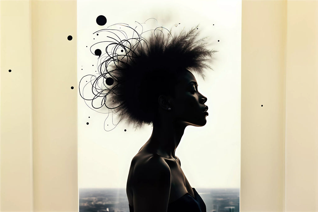 A digital illustration of a Black woman in profile with abstract swirling thoughts around her head, symbolizing anxiety and introspection. The minimalist art style and muted background emphasize deep reflection and inner emotions.