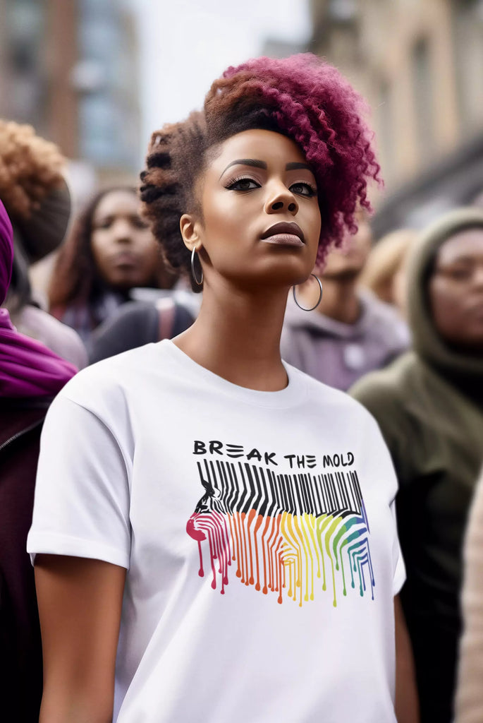 A proud Black woman activist wearing a plain white T-shirt, leads a blurred human rights protest in the background. She appears determined and confident, symbolizing diversity, disability pride. AI Image.