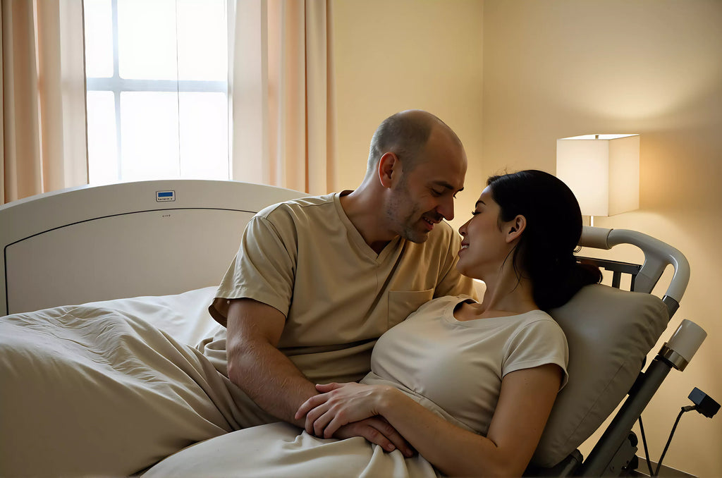 A couple shares a tender moment as one partner, visibly ill lies in a bed while the other holds their hand in comfort. 