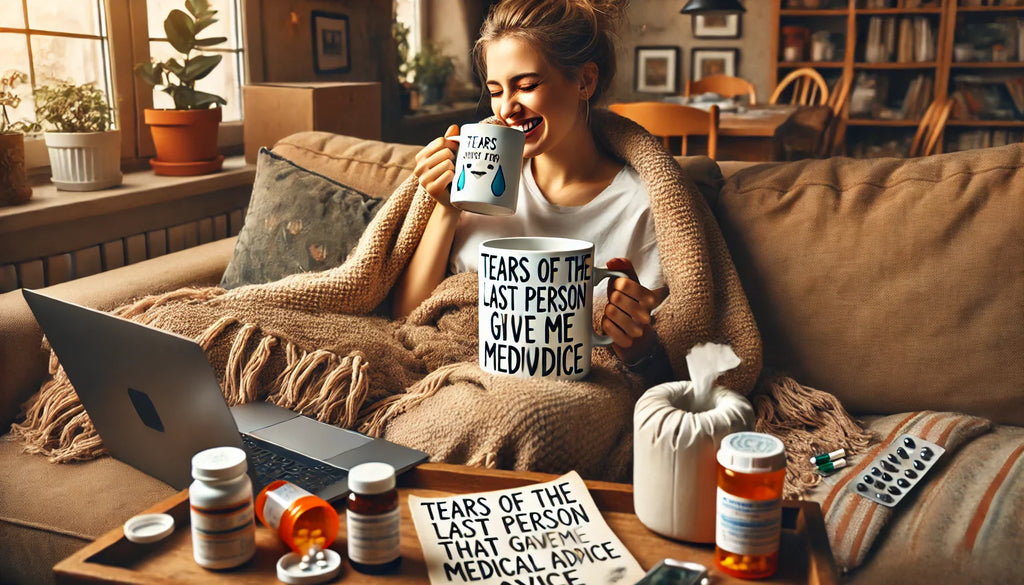 An AI image of a person with chronic illness sitting on a couch laughing while sipping from a mug that reads 'Tears of the Last Person That Gave Me Medical Advice.' Surrounded by pill bottles, medical notes, and a laptop open to a symptom t