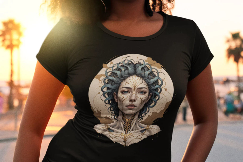 Close-up of a woman wearing the Emotional Alchemy Trauma Healing T-Shirt at sunset, symbolizing emotional transformation, healing, and personal empowerment.