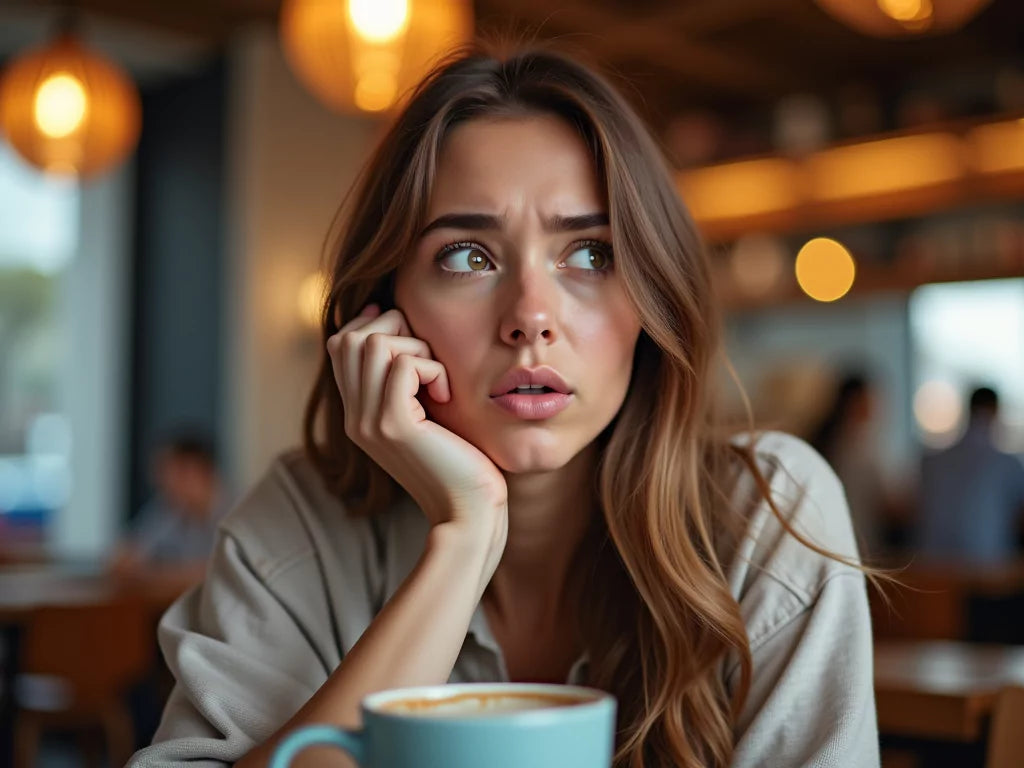 A young woman in her 30s sitting at a café, looking mildly frustrated as a person nearby loudly chews food. The scene is bright, modern, and relatable, illustrating common pet peeves in daily life. (AI-generated image.)