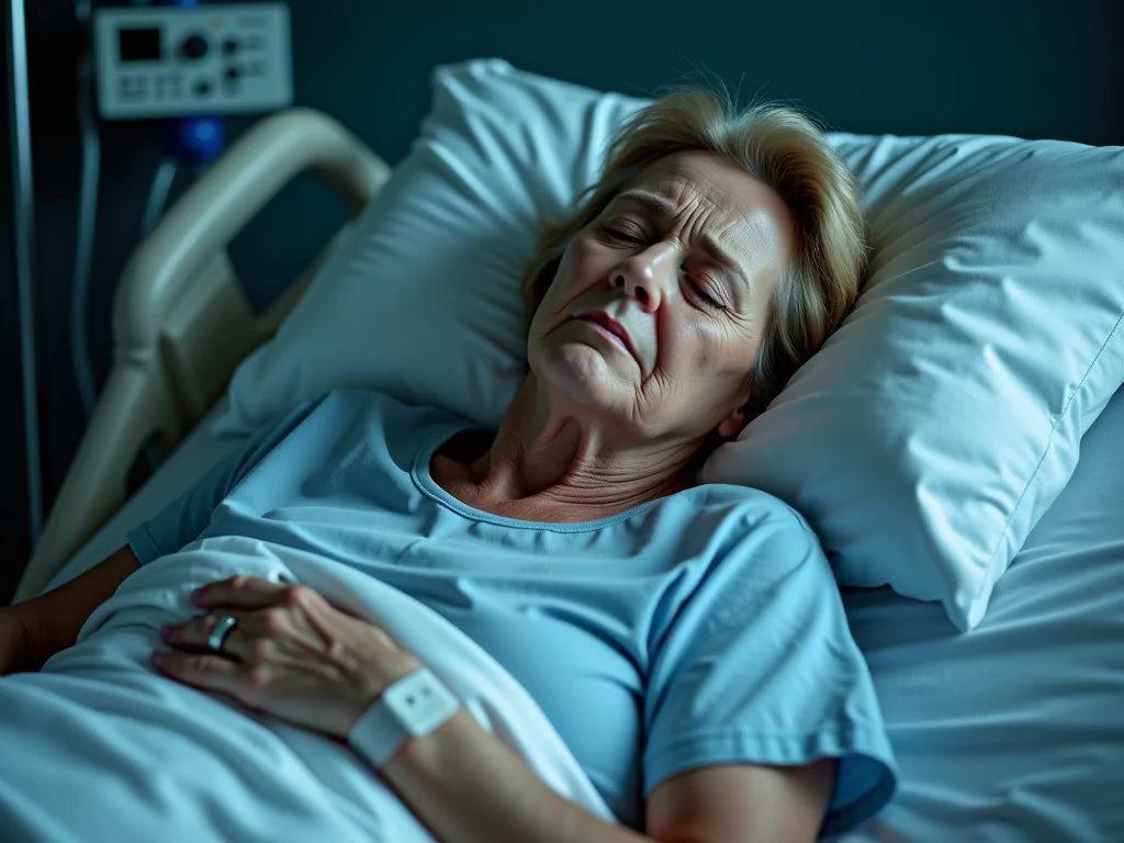 Middle-aged Caucasian woman lying in a hospital bed, looking exhausted and in pain, with an IV drip attached. The hospital setting and soft lighting convey the struggles of chronic illness and medical trauma. This is an AI-generated image.