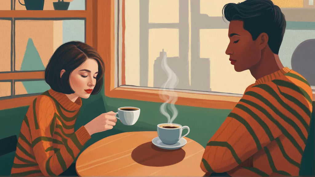 A warm, empathetic conversation between two people in a cozy café, both holding cups of coffee. The atmosphere is calm and inviting, symbolizing the importance of asking about someone's recovery from illness with care, compassion, and inclusivity.