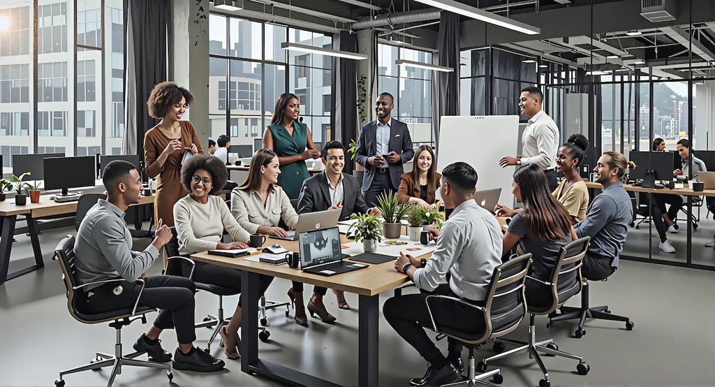 A modern office environment with a diverse group of professionals collaborating around a conference table. The team consists of individuals of different ethnicities, genders, and abilities, engaged in a brainstorming session. 