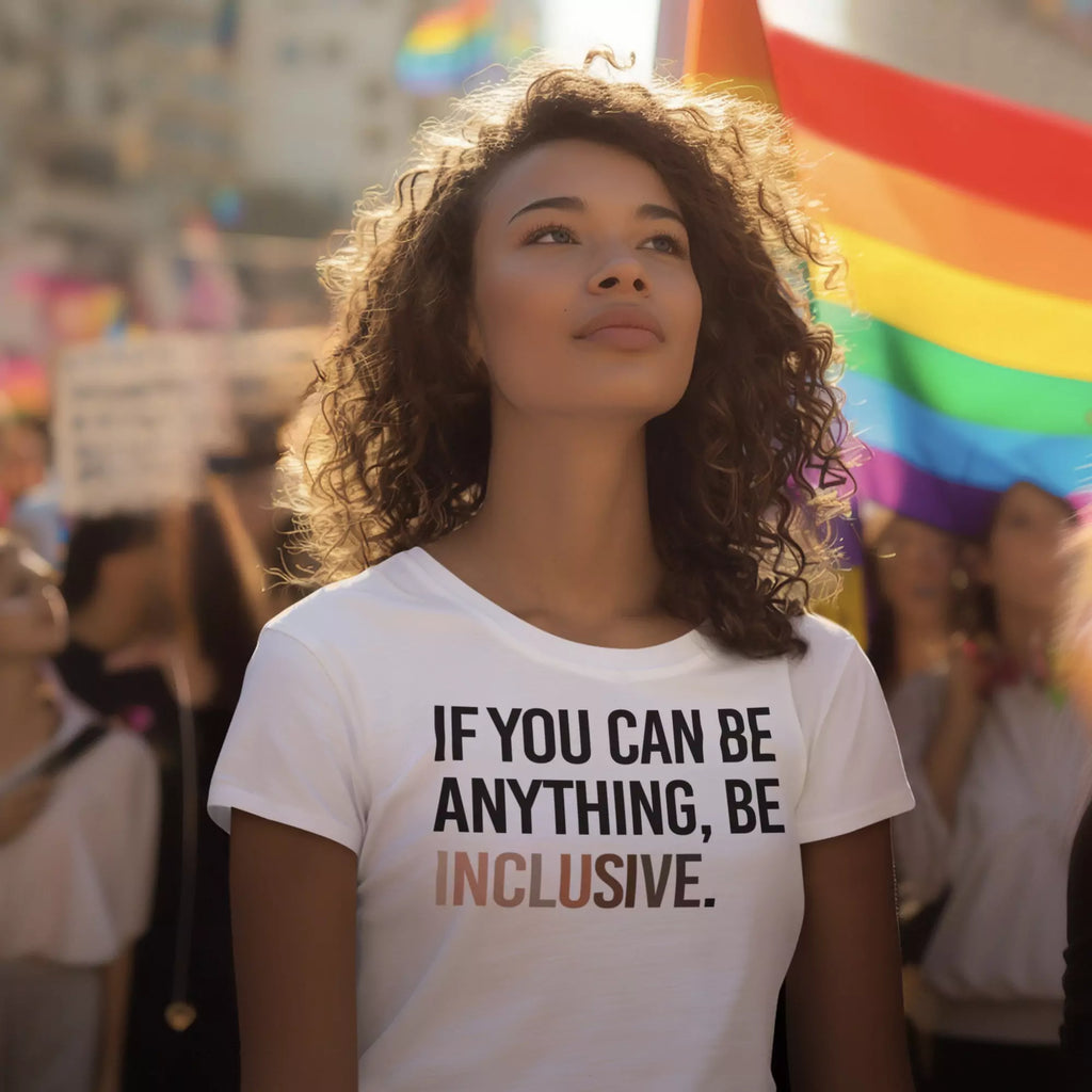 A confident woman with curly hair wearing a white t-shirt that says 'If You Can Be Anything, Be Inclusive' at a pride march, surrounded by rainbow flags and activists supporting diversity, equity, and inclusion (DEI)