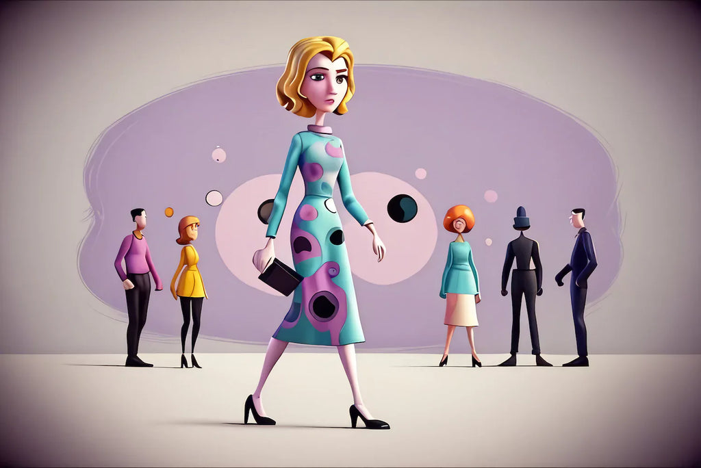 A 1960s pop-art style illustration with muted colors, depicting a woman in a patterned dress walking alone, symbolizing internal struggles and invisible disabilities. The background features abstract shapes and a blurred crowd of people walking past her i