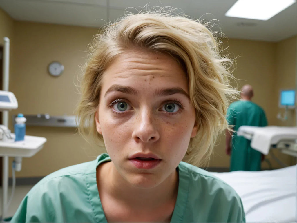 A photorealistic AI-generated selfie of a non-binary female patient in a hospital room, staring dead-eyed into the camera with a tired, distant expression. Pale skin, messy hair, and a loose gown emphasize exhaustion. 