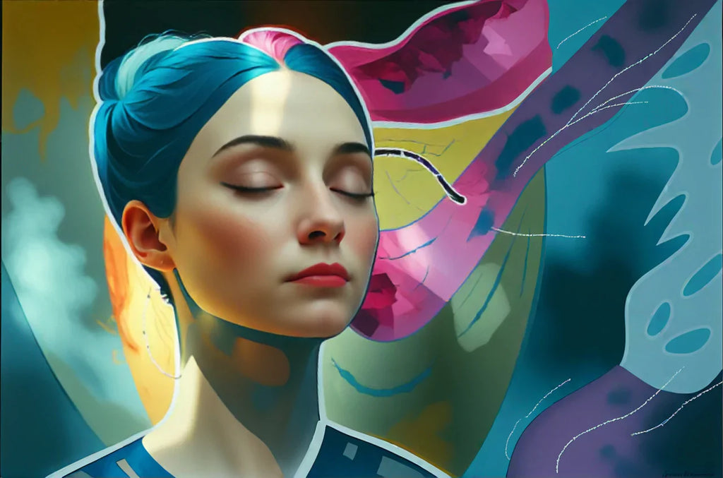 A serene woman with closed eyes, symbolizing mindfulness and OCD treatment, surrounded by abstract neural pathways representing intrusive thoughts and anxiety responses.