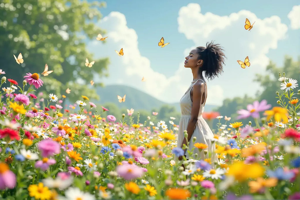 A realistic woman stands in a sunlit field of wildflowers, surrounded by fluttering butterflies. The scene evokes peace, healing, and transformation, symbolizing the journey of misdiagnosed chronic illness.