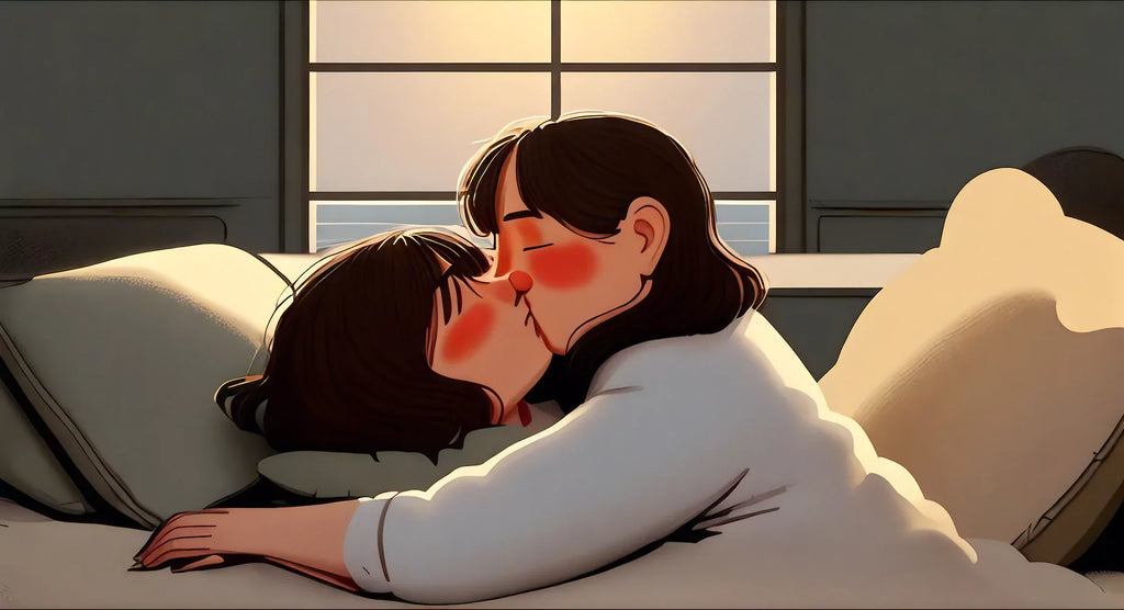 Illustration of a loving couple embracing in bed with warm lighting, symbolizing intimacy and connection despite chronic pain.