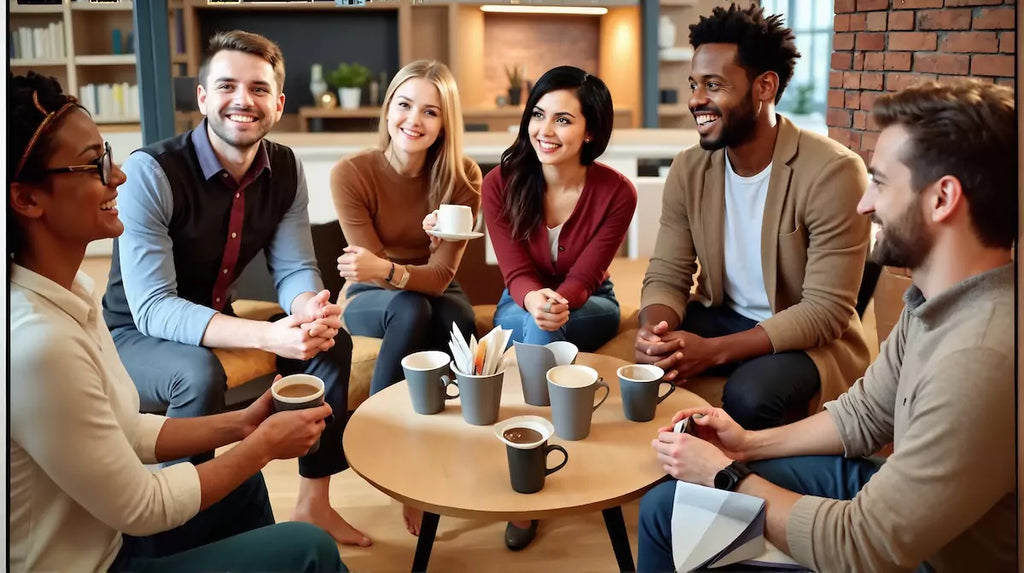 A diverse group of coworkers having a casual chat over coffee in a warm office setting, smiling and showing genuine support and empathy to a colleague with cancer.