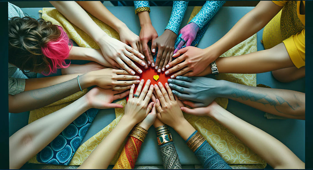 Overhead view of ten diverse arms reaching toward the center of a table, symbolizing unity and inclusion. The image features varied skin tones, genders representing diversity and connection.