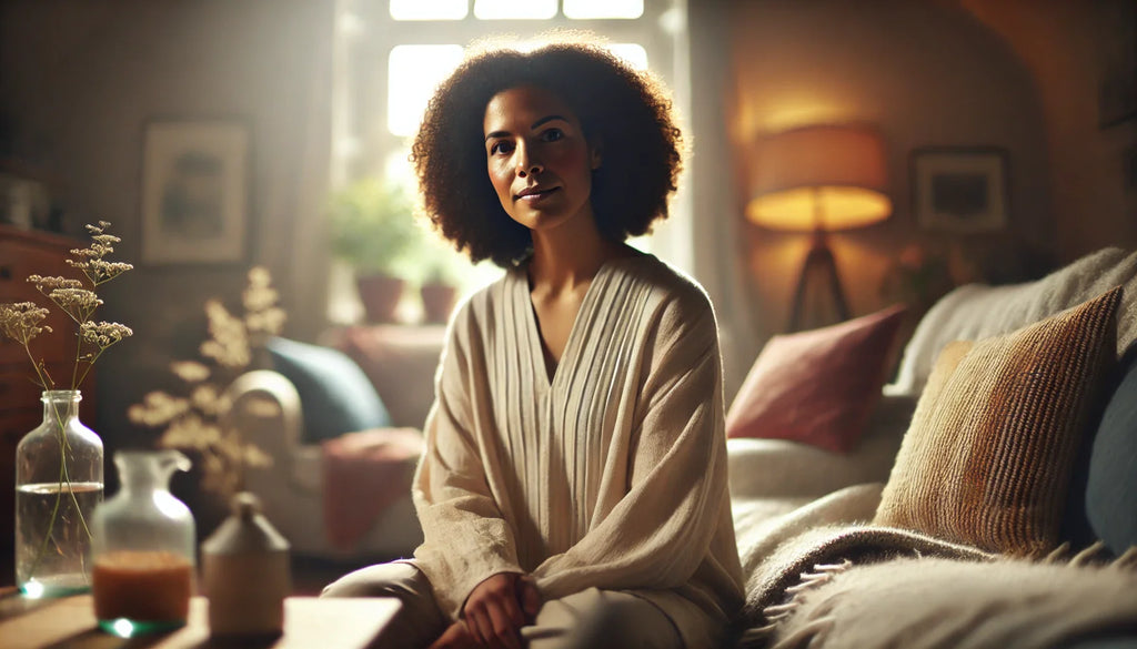 A woman with a rounded figure and non-Caucasian appearance sitting in a warmly lit, cozy setting. She looks contemplative yet at peace, symbolizing resilience, healing, and self-acceptance during vaginismus therapy.