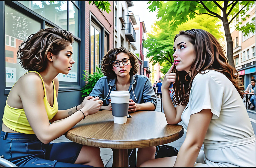 A group of three diverse young women sitting at an outdoor café table, engaged in a deep and thoughtful conversation, reflecting on mental health and intrusive thoughts.