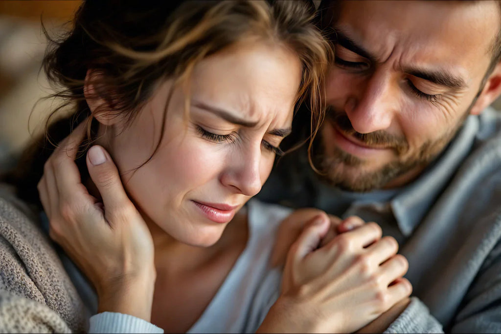 A close-up of a woman in visible discomfort being comforted by her husband, who holds her hand with concern. The image conveys emotional support and understanding in the context of fibromyalgia.