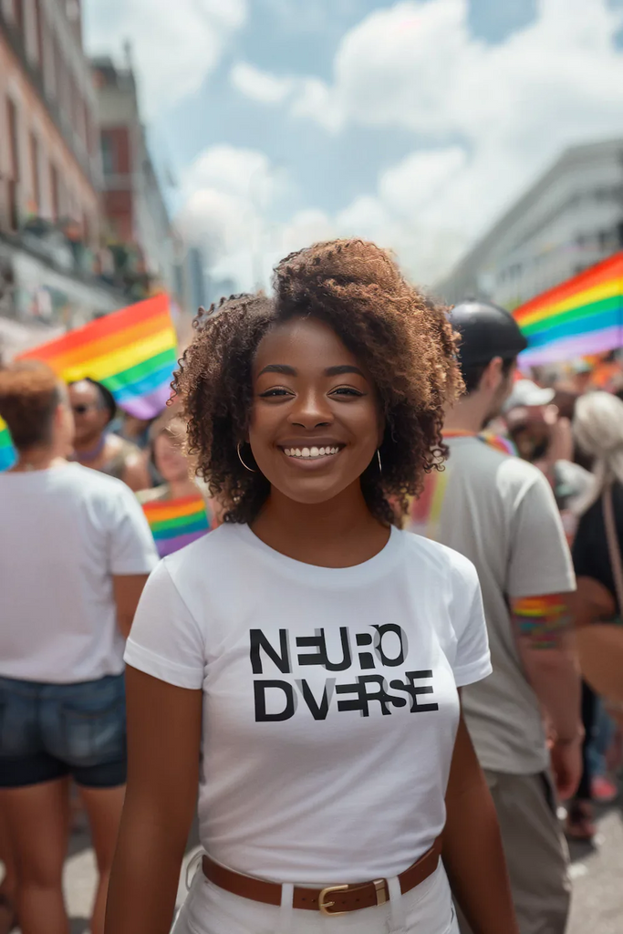 Black woman at an LGBTQ+ rally wearing a Neurodiverse T-shirt, advocating for neurodiversity and inclusion