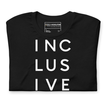 INCLUSIVE Statement Tee – minimalist typography t-shirt featuring the word 'INCLUSIVE' spaced across three lines, symbolizing unity, diversity, and belonging.