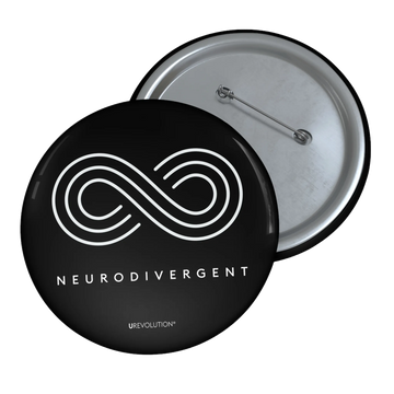 Black Neurodivergent Pin-Back Button with white infinity symbol and ‘Neurodivergent’ text."