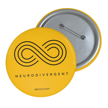 Gold Neurodivergent Pin-Back Button featuring black infinity symbol and ‘Neurodivergent’ text