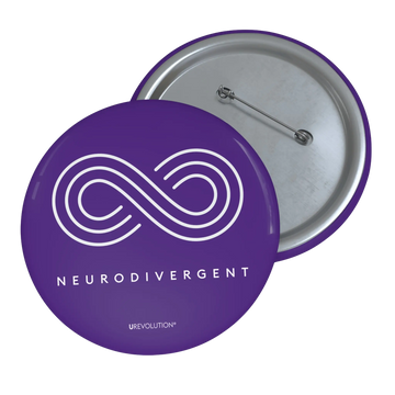 Purple Neurodivergent Pin-Back Button with white infinity symbol and ‘Neurodivergent’ text.